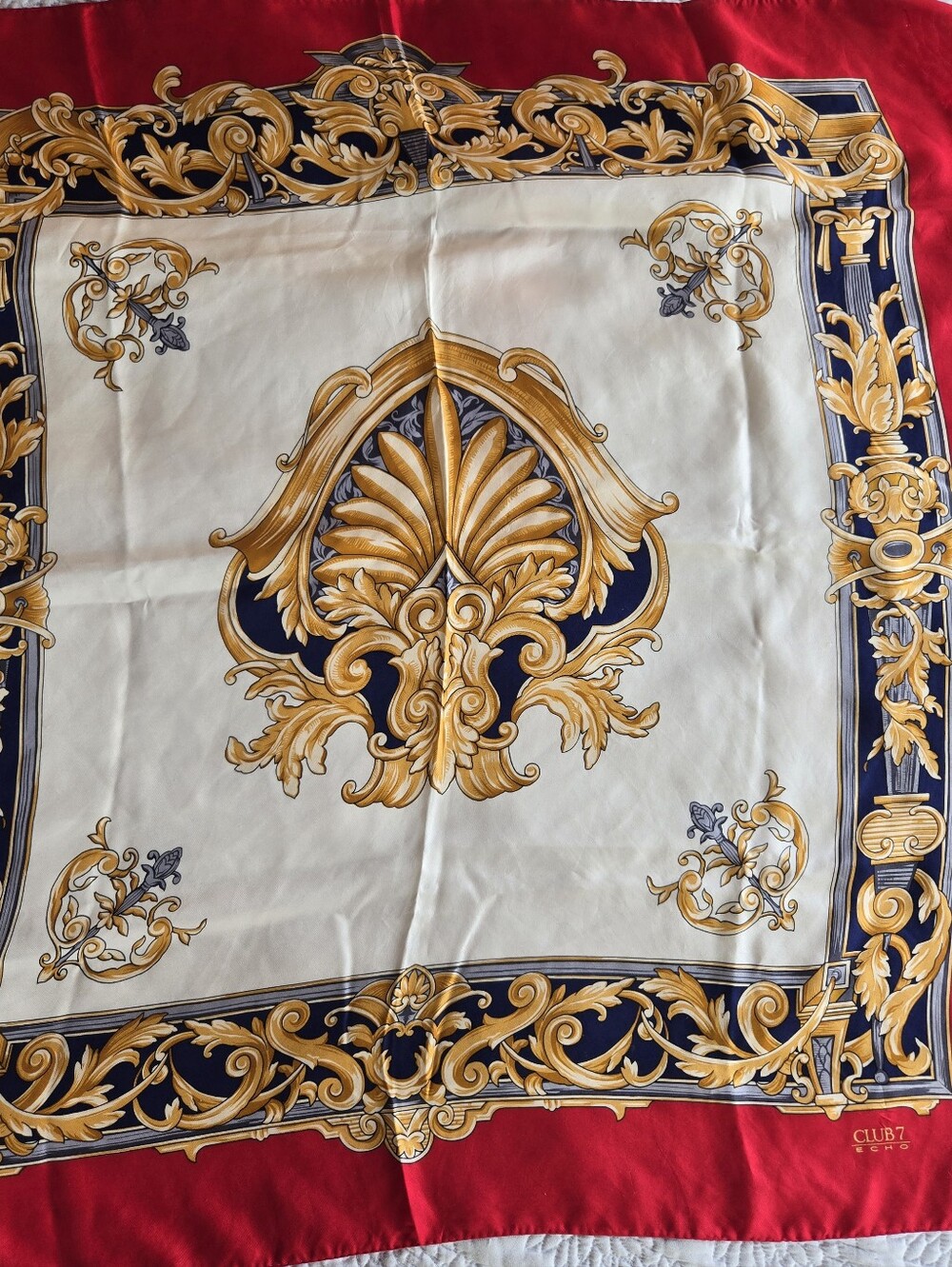 Vintage Echo Club 7 Silk Red Printed Scarf- Baroque Motif